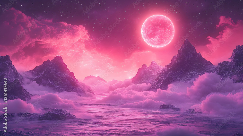 Surreal landscape with towering mountains, fluffy clouds, and a vibrant red moon in a sky bathed in bright pink light Surreal landscape with towering mountains, fluffy clouds, and a vibrant red moon in a sky bathed in bright pink light