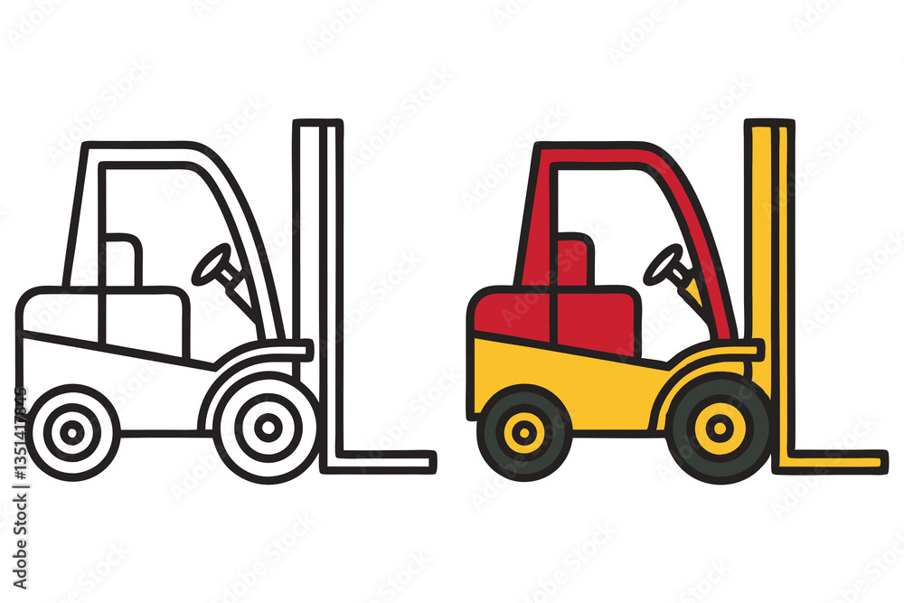 Naklejka premium Forklift Outline and Colored Illustration Vehicle Icons for Warehouse Logistics and Material Handling