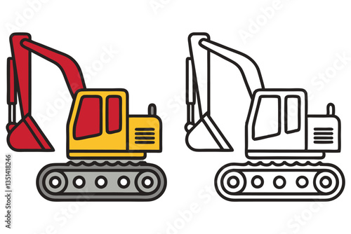 Yellow and White Excavator Coloring Page Illustration for Kids Construction Vehicles