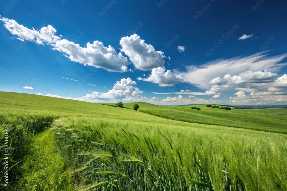 Fototapeta premium Lush Green Landscape With Vibrant Clouds Under Blue Sky Generative AI