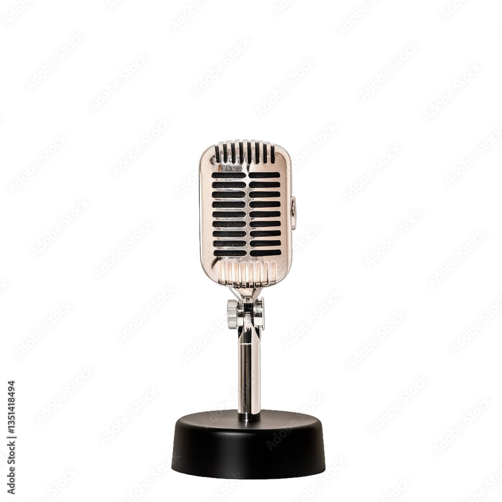 Fototapeta premium Retro microphone with a metallic chrome finish and a sturdy black stand isolated on a transparent background 