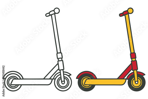 A Line Drawing and a Colored Illustration of a Modern Electric Scooter for Kids