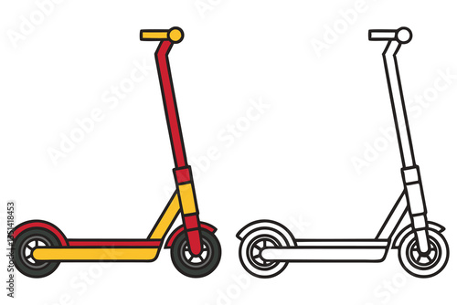 Coloring Page Illustration of a Red and Yellow Electric Scooter and its Outline