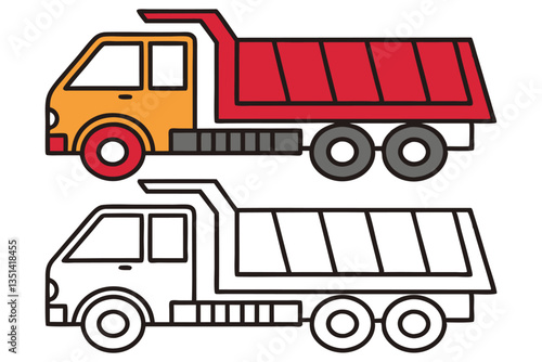 Cartoon Illustration of a Dump Truck in Two Versions One Colored and One Outlined for Coloring