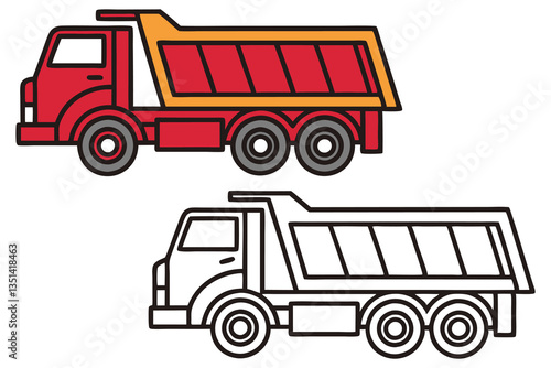 A Red Dump Truck and a Coloring Page Outline of a Dump Truck Illustration