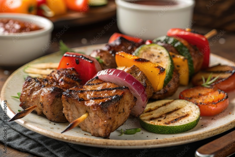 Delicious Skewers of Grilled Meat and Vegetables Served for Dinner Generative AI Delicious Skewers of Grilled Meat and Vegetables Served for Dinner Generative AI