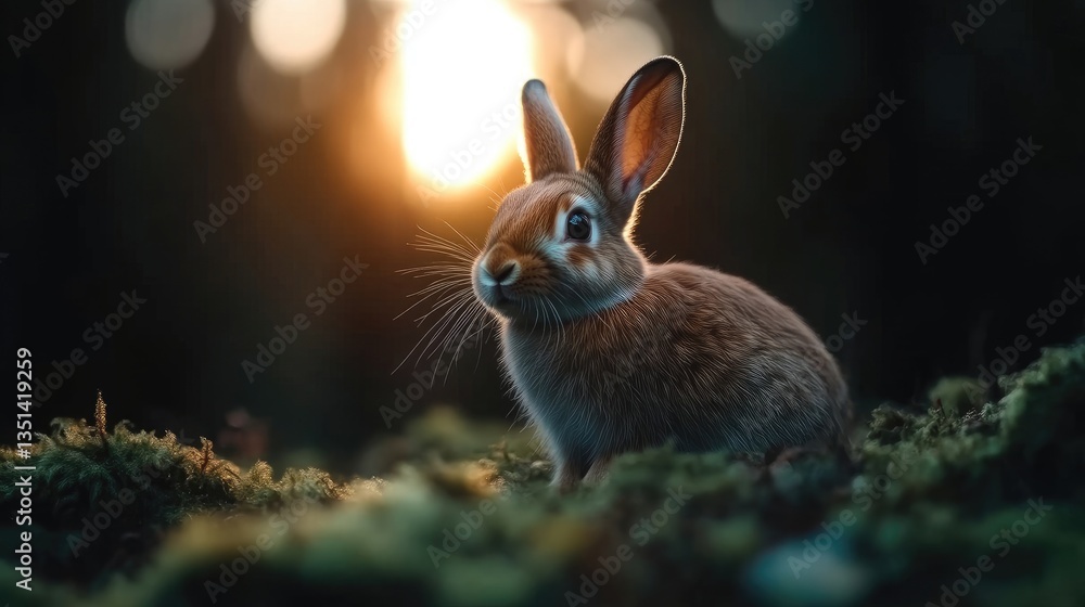 Fototapeta premium Cute rabbit in a forest at sunset