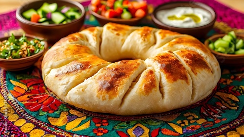 Wallpaper Mural A round pastry or bread, surrounded by bowls of fresh vegetables and dips, set on a colorful patterned tablecloth. Concept Round Pastry Presentation, Fresh Vegetable Display, Assorted Dips Torontodigital.ca