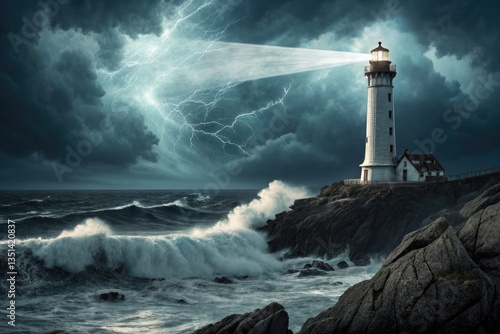 Powerful Lighthouse Beams Light During a Stormy Night Generative AI