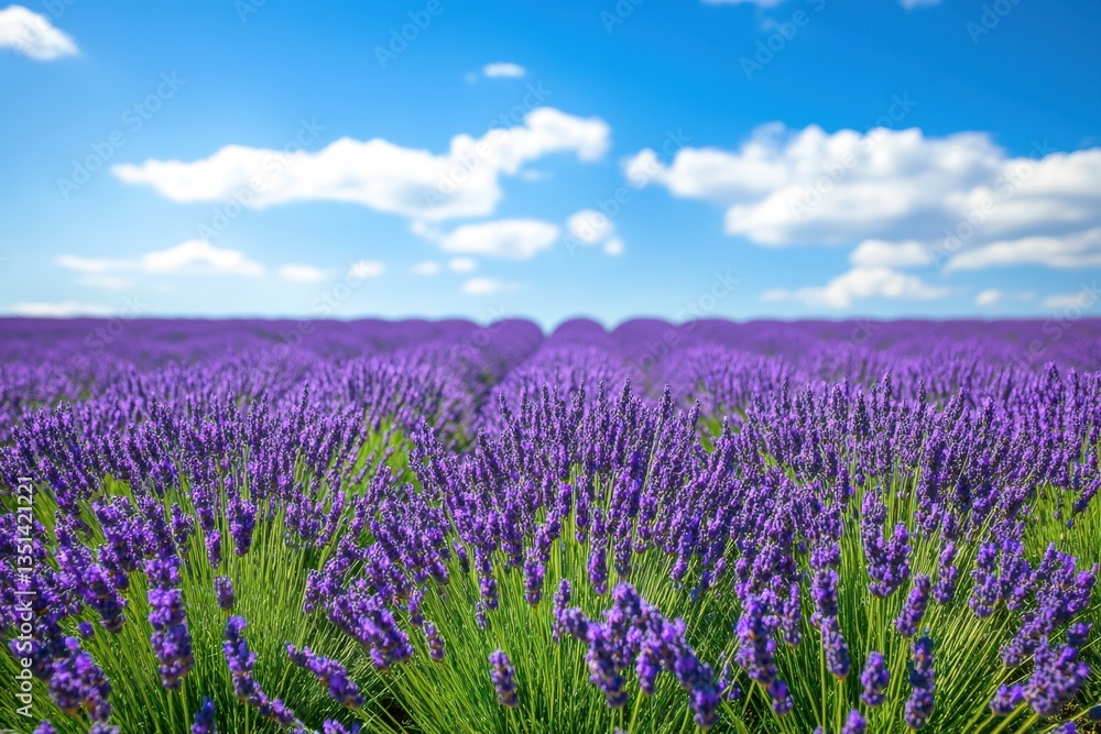 Naklejka premium Expansive lavender fields under a blue sky with fluffy clouds during daylight