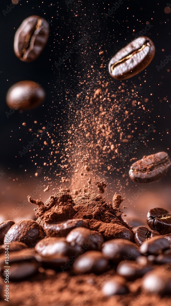 A close-up of coffee beans, scattered on the ground with a dark background, surrounded by flying powder and splashes of chocolate color. A close-up of coffee beans, scattered on the ground with a dark background, surrounded by flying powder and splashes of chocolate color.