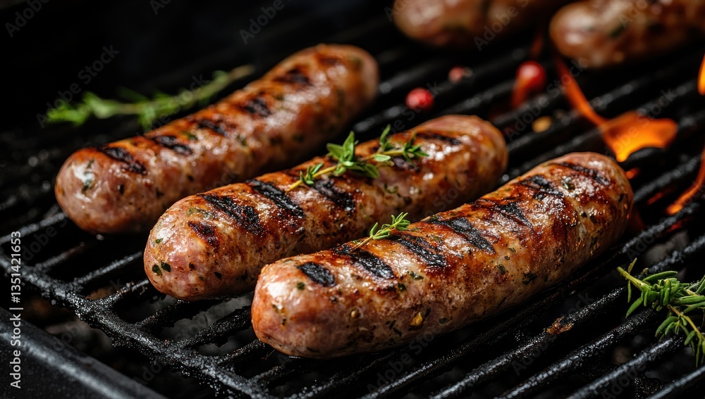 Delicious Grilled Sausages with Herbs Displayed on a Black Grill Delicious Grilled Sausages with Herbs Displayed on a Black Grill