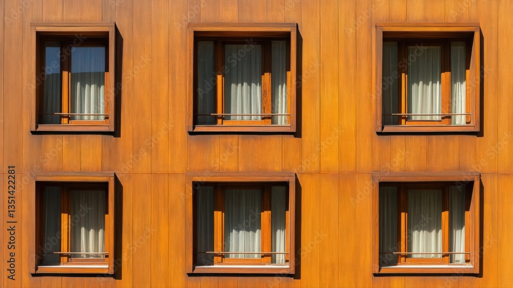 Obraz premium Symmetrical Wooden Wall with Six Square Windows and Sheer Curtains