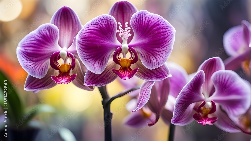 Close-up vibrant purple phalaenopsis orchids bloom. Their intricate details rich color showcased against a soft, blurred background. Close-up vibrant purple phalaenopsis orchids bloom. Their intricate details rich color showcased against a soft, blurred background.