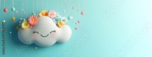 Adorable Happy Cloud with Flower Crown: A Delightful Springtime Illustration