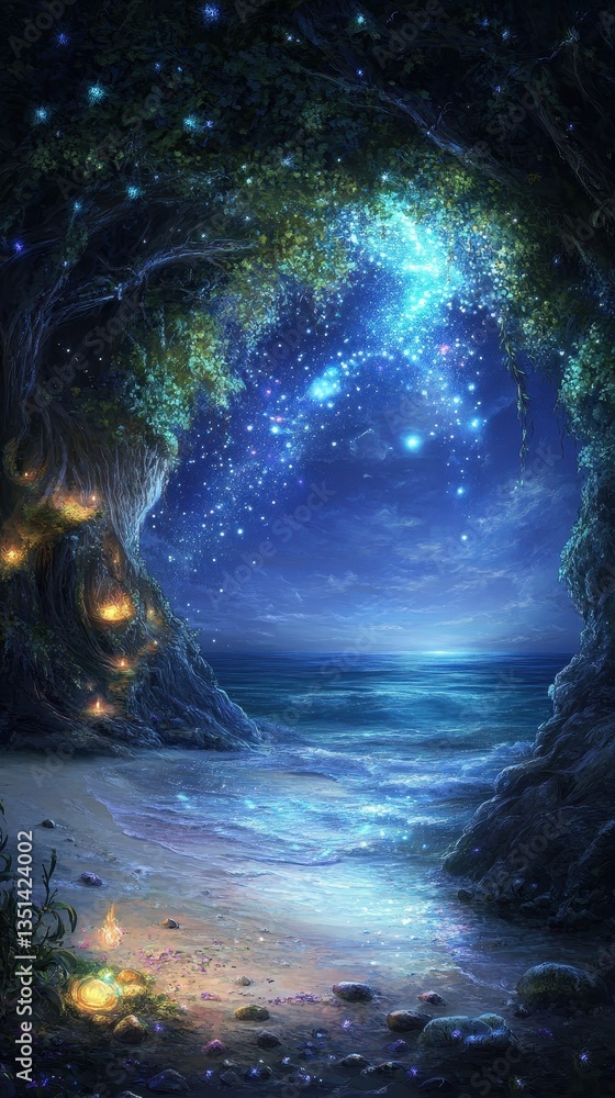 Fototapeta premium A magical coastal scene with sparkling lights and celestial skies