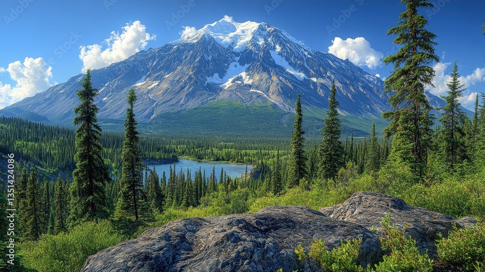 Fototapeta premium Majestic snow capped mountain towering above the forested valley and lake