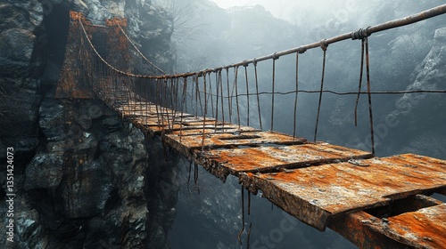 Old rusty and decaying rope bridge over a deep ravine in a foggy mysterious landscape