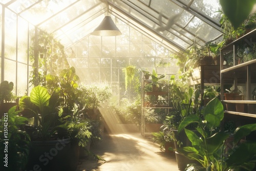 A greenhouse filled with various potted plants, ideal for use as a background or decorative element