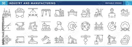 A set of line icons related to Industry and Manufacturing. Build, mechanic, machines, engineer, produce, mining, farming, industrial, energy, and so on. Vector editable stroke.