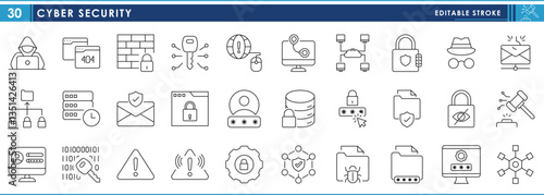 A set of line icons related to Cyber Security. Protection, data, phishing, privacy, password, lock, encrypt, law, punish, and so on. Vector editable stroke.
