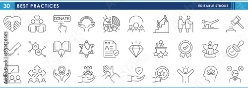 A set of line icons related to Best Practices. Law, policy, help, motivate, respect, community, coaching, meditation, award, and so on. Vector editable stroke.