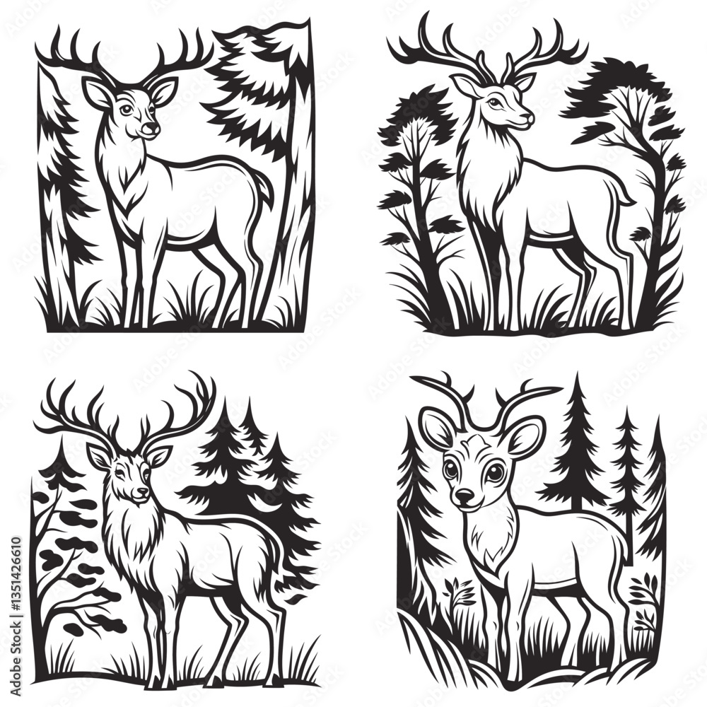 Obraz premium 4 set line art deer vector