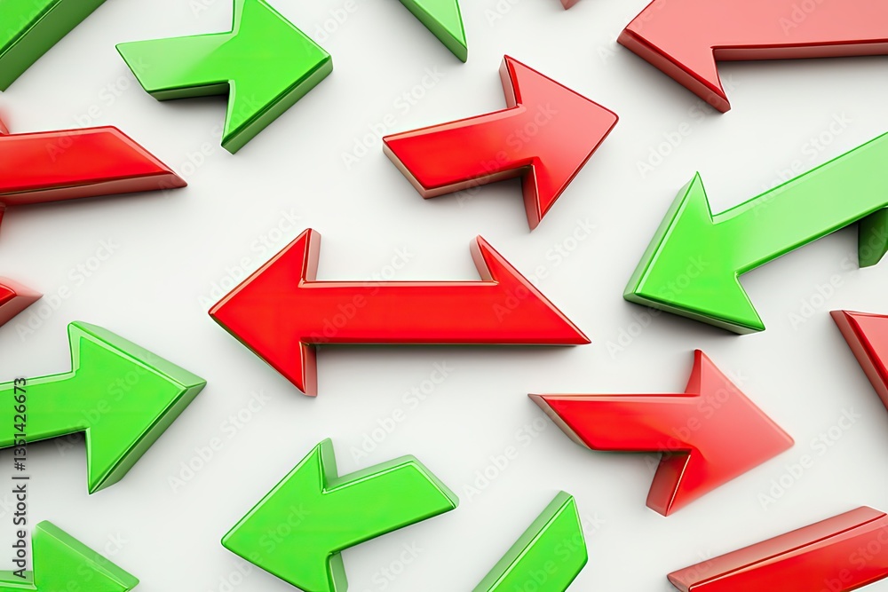 3D Rendering of Red and Green Arrows on a White Background, Arrow Symbols Pattern 3D Rendering of Red and Green Arrows on a White Background, Arrow Symbols Pattern