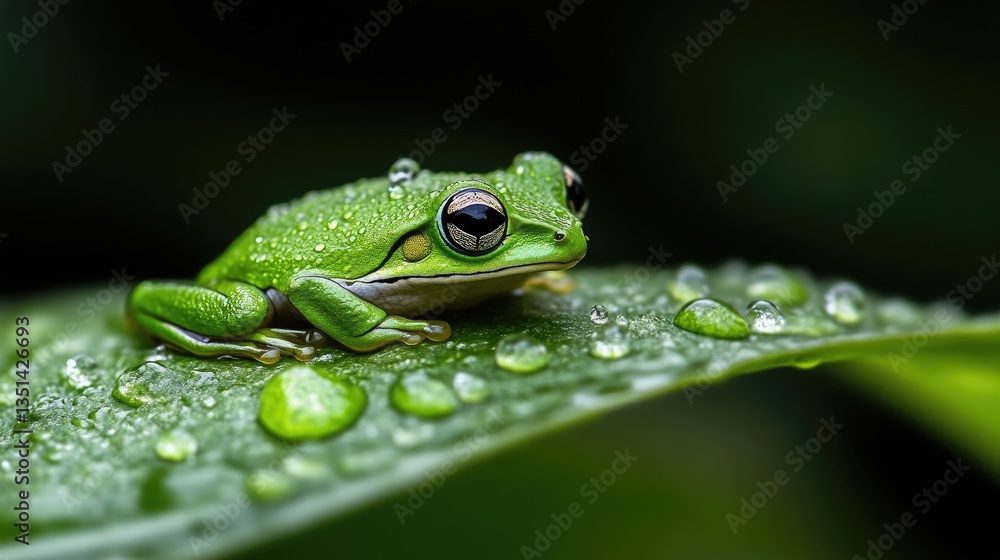 Obraz premium Emerald frog perched on dewy leaf