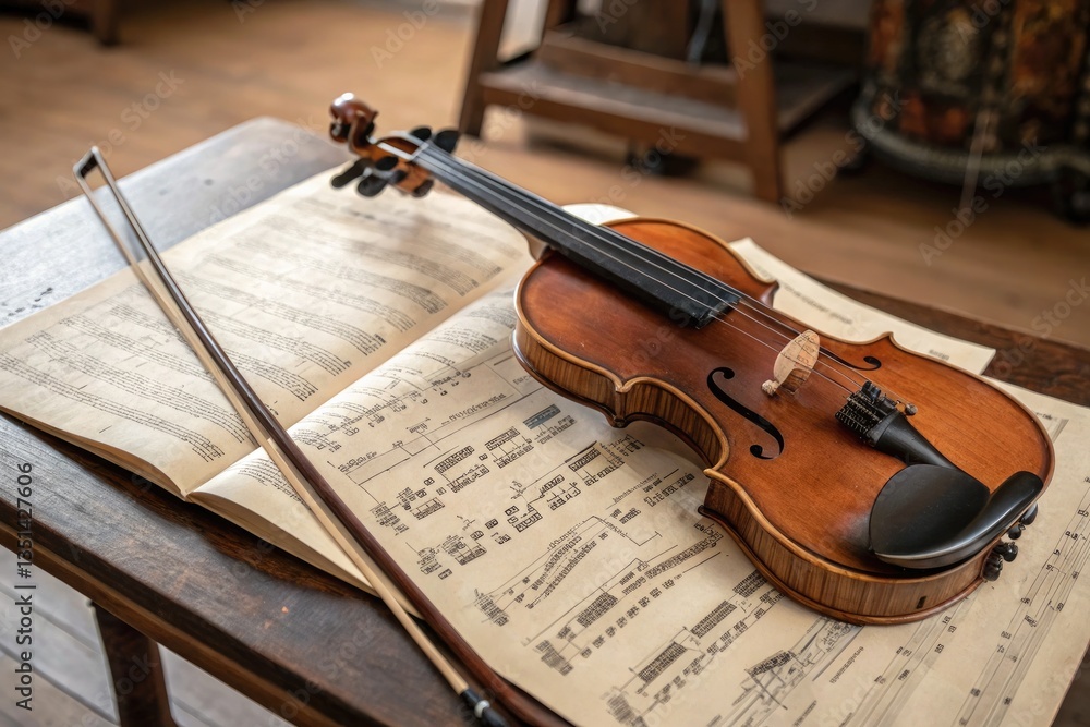 Fototapeta premium Violin Resting on Musical Sheet in a Cozy Room Generative AI