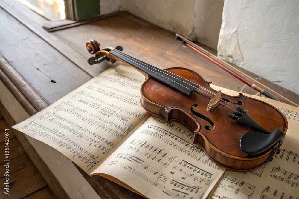 Naklejka premium Violin Resting on Sheet Music in a Cozy Interior Setting Generative AI