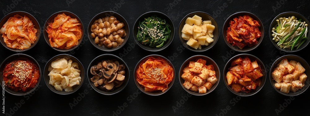 A selection of diverse traditional food items presented in small bowls A selection of diverse traditional food items presented in small bowls
