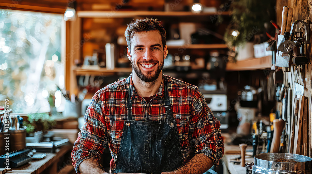 Obraz premium Smiling Craftsman in his Woodworking Workshop: Passion, Skill, and Craft