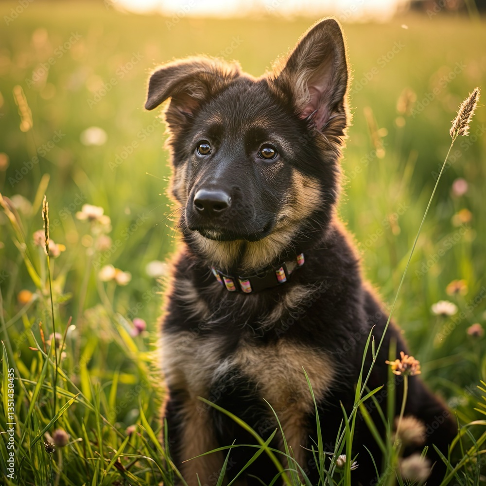 Adorable German Shepherd Puppy Sitting in a Sunny Flower Field – Cute Intelligent Dog
Adorable German Shepherd Puppy Sitting in a Sunny Flower Field – Cute Intelligent Dog