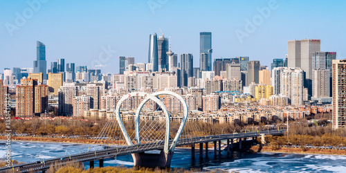 Obraz na plátně High angle view of Sanhao Bridge and city skyline in Shenyang, Liaoning Province