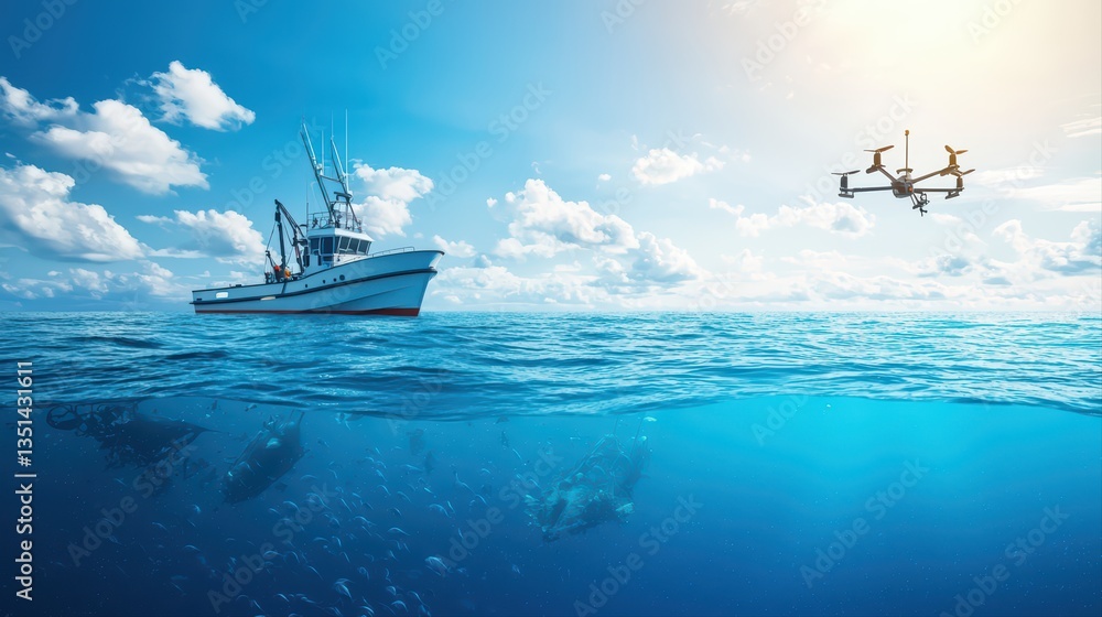 Fototapeta premium Fishing Boat and Drone Over the Ocean Blue Waters