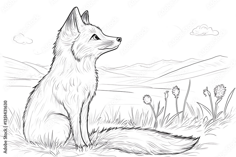 Fox Sitting Meadow Landscape Sketch. Fox Sitting Meadow Landscape Sketch.