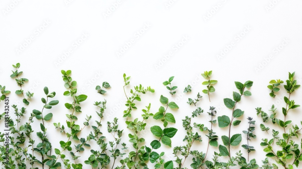 Vibrant Green Sprigs on White Background: A Botanical Flat Lay Vibrant Green Sprigs on White Background: A Botanical Flat Lay