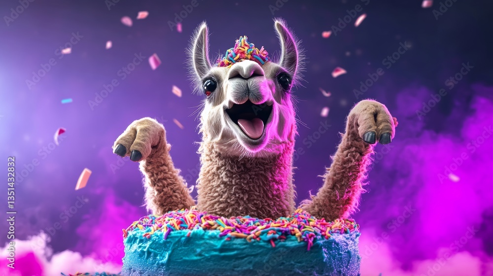 Obraz premium Cartoonish llama is standing on top of a cake with sprinkles. The llama is smiling and he is enjoying the cake