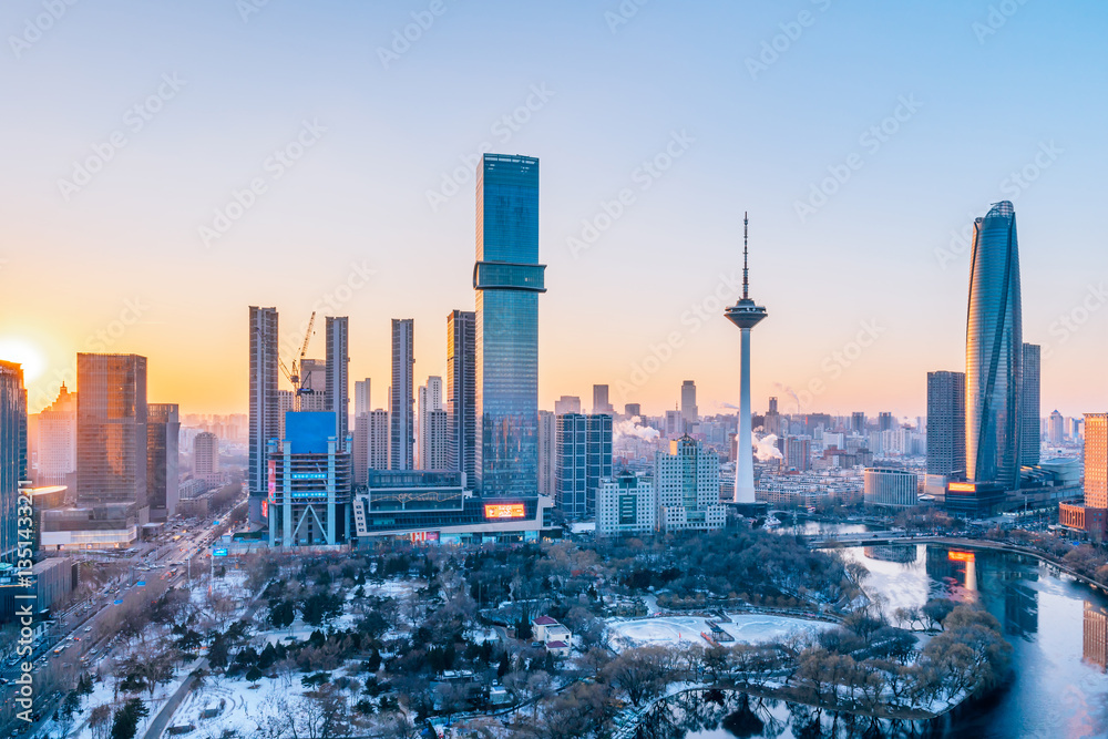 Fototapeta premium High Angle View of TV Tower and Youth Park City Skyline in Shenyang, Liaoning Province, China