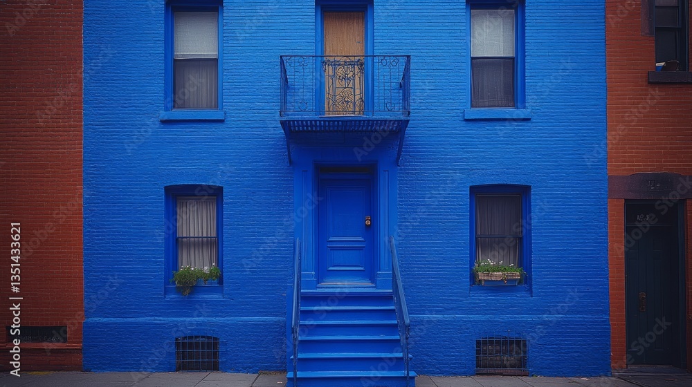 Naklejka premium A bright blue building stands out in the neighborhood, showcasing a welcoming entrance and elegant balcony