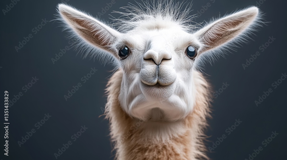 Naklejka premium White llama with brown spots is staring at the camera. The image has a playful and lighthearted mood, as the llama appears to be posing for the camera