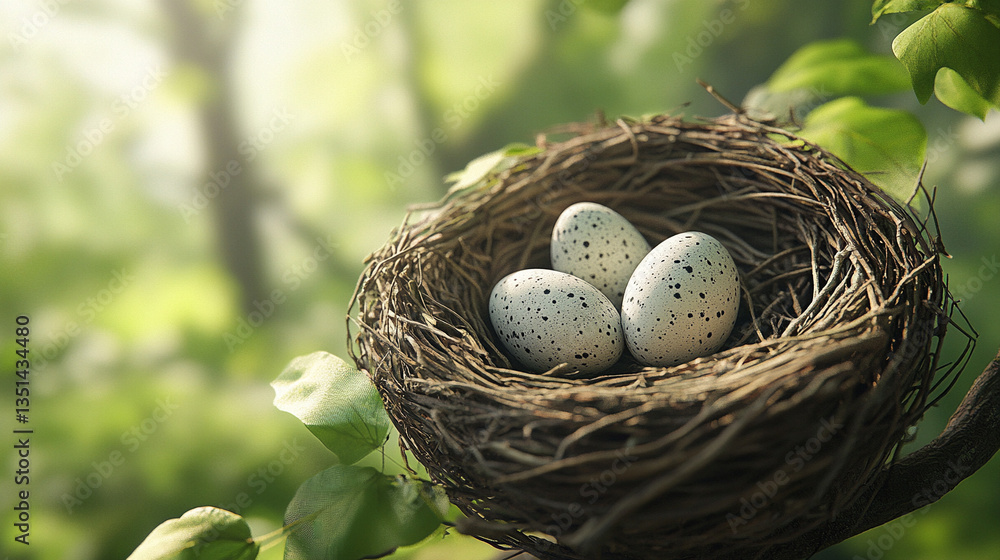 Nest with Three Speckled Eggs in a Lush Green Forest Nest with Three Speckled Eggs in a Lush Green Forest
