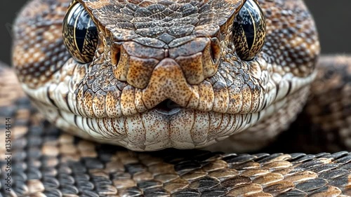 Detailed close-up of a wild snake showcasing its intricate scale patterns and sharp features in a natural habitat