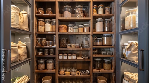 •  Sliding doors reveal a neatly organized pantry, jars filled with pantry staples. Stockings hold small kitchen gadgets and tools.