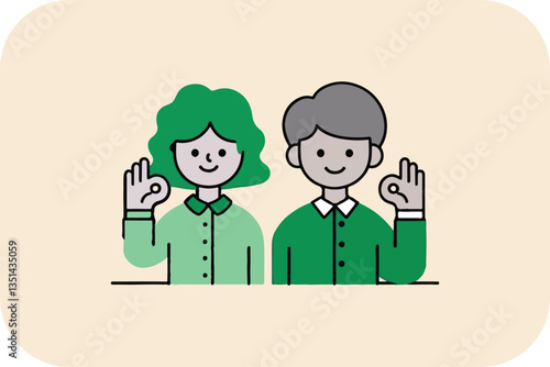 Two Cartoon People Showing OK Gesture in Green Shirts, Expressing Positive and Friendly Vibes