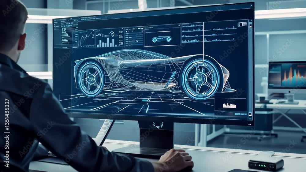 A designer uses advanced software to visualize and analyze a cutting-edge car concept, showcasing the integration of technology and mechanical engineering in the automotive industry. A designer uses advanced software to visualize and analyze a cutting-edge car concept, showcasing the integration of technology and mechanical engineering in the automotive industry.