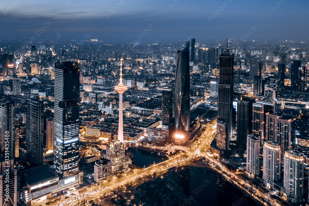 Obraz premium Aerial Night View of Skyline of TV Tower in Shenyang, Liaoning Provine, China
