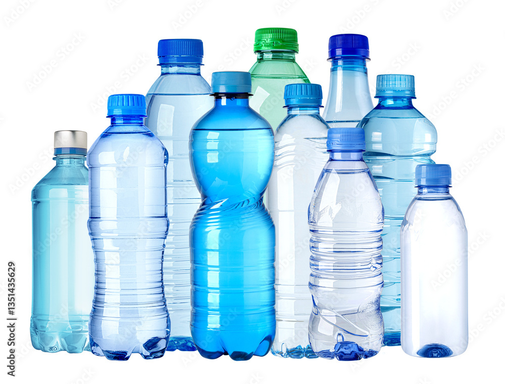Different plastic water bottles forming a composition on white background Different plastic water bottles forming a composition on white background