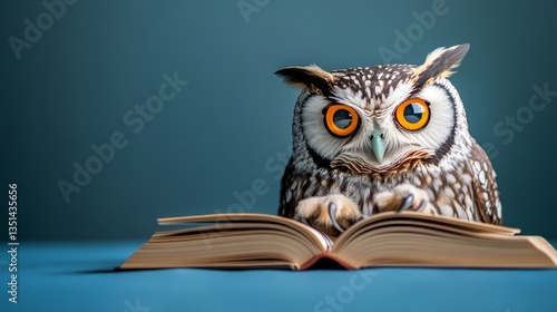 Wallpaper Mural Small owl is sitting on top of an open book. The owl has big yellow eyes and looks very focused on the book. The scene gives off a feeling of curiosity and intelligence Torontodigital.ca